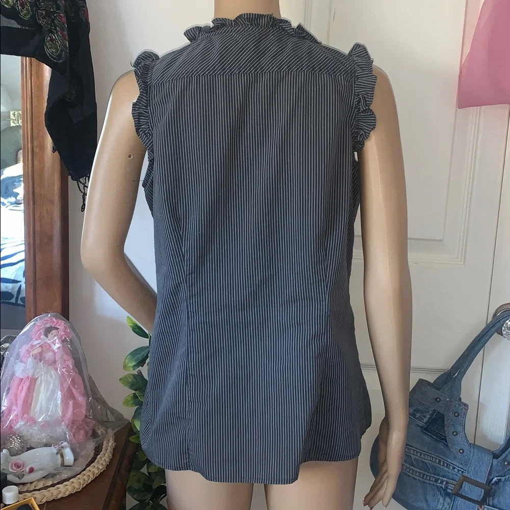 Y2K Denver Hayes grey black pinstripe sleeveless ruffle shirt top M - Picture 5 of 10